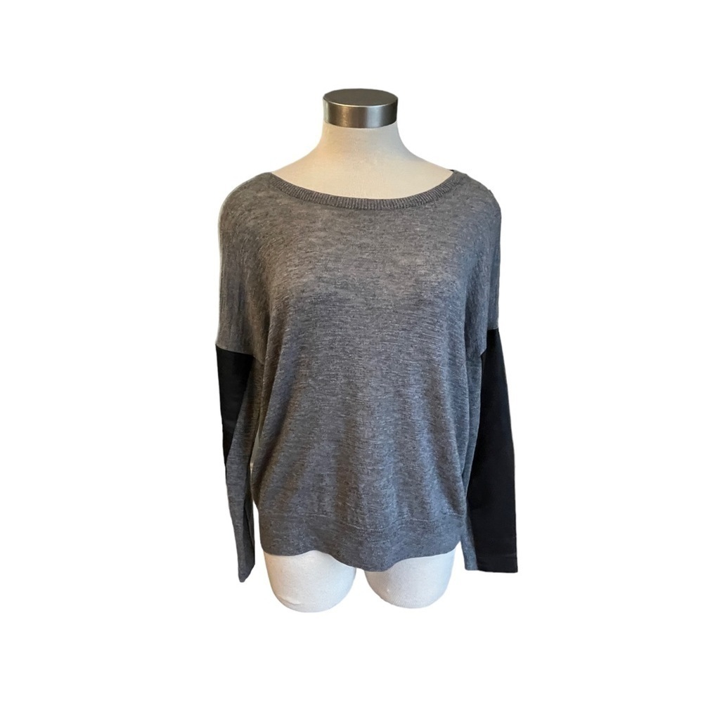 MILLY l Sweater Wool Blend Gray w/ Lambskin Black Sleeves Sz. M